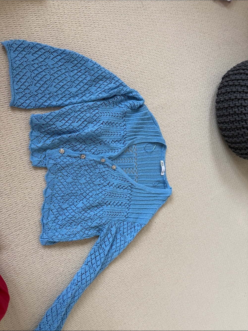 Zara Sky Blue Open-Knit V-Neck Button-Front Cardigan